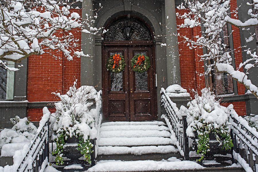 Back Bay Boston MA Brownstone Winter Snow and Christmas Decorations Photograph by Toby McGuire