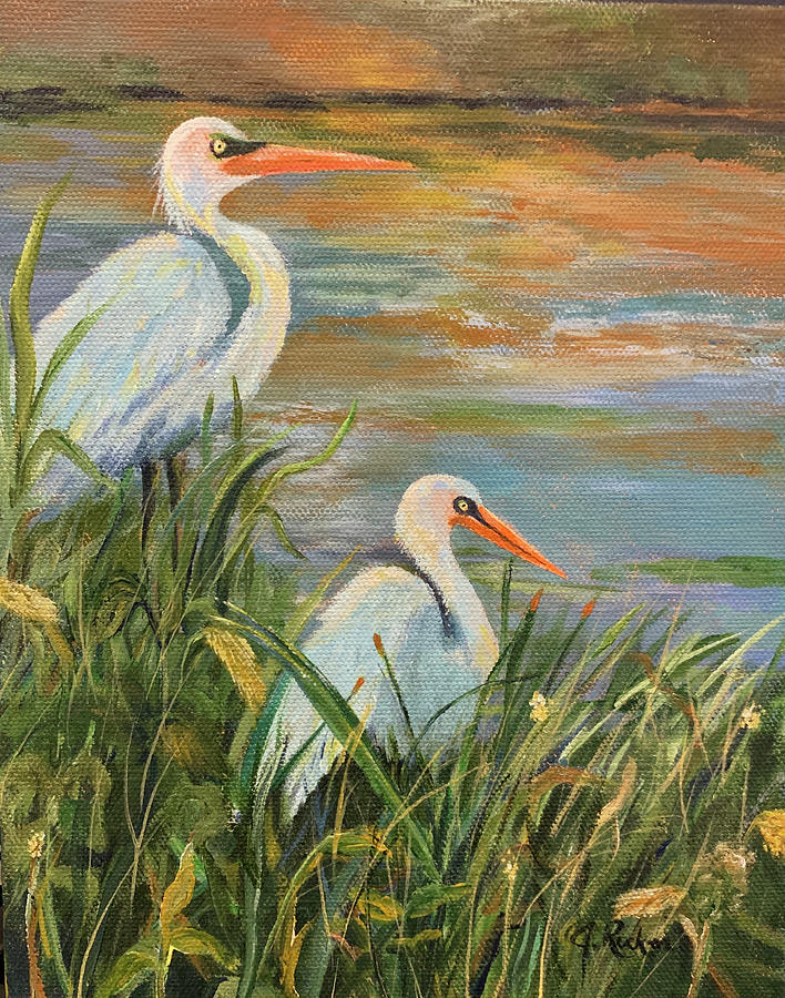 Back Bay Egrets Painting by Jane Ricker