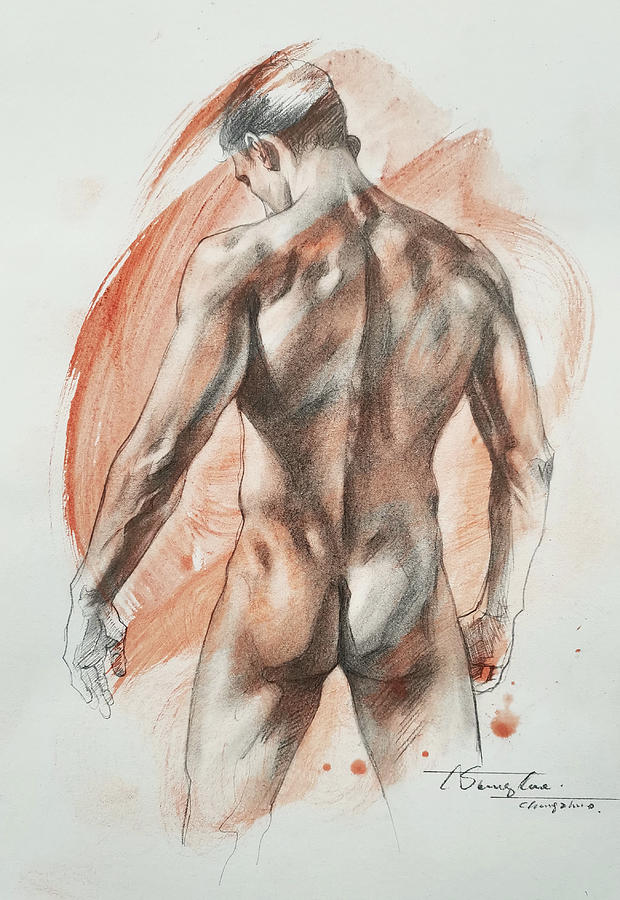 Back of male nude #20121 Drawing by Hongtao Huang