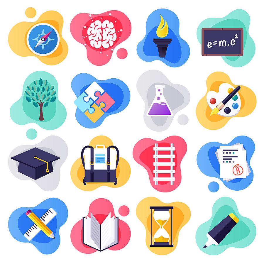 Back to School & Learning Skills Flat Liquid Style Vector Icon Set Drawing by Denkcreative