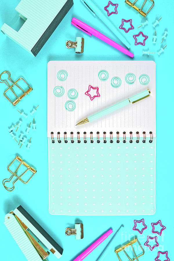 Back to school concept blue theme notebook with stationery. Photograph by Milleflore Images