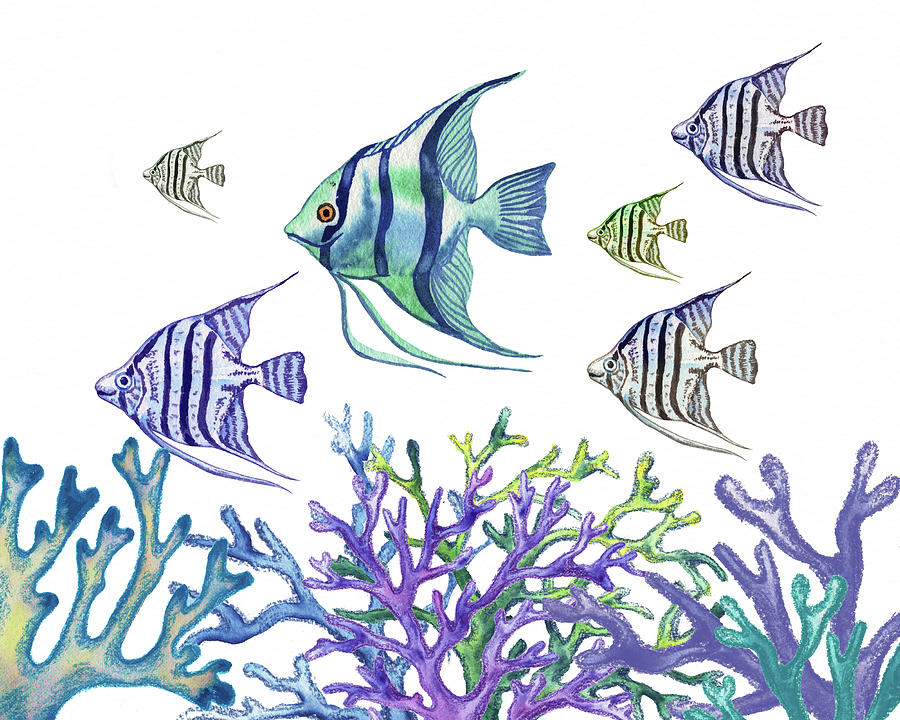 Back To School Fish Purple Coral Reef Watercolor Painting