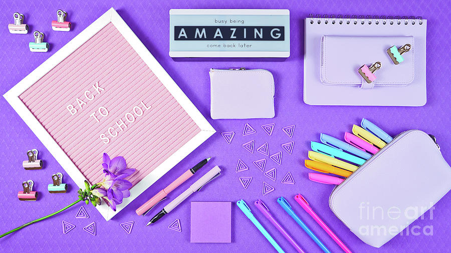 Back to school purple teens theme concept flat lay. Photograph by Milleflore Images
