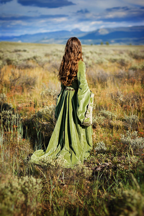 Back view of girl in medieval dress in sage field Photograph by Anna Gorin