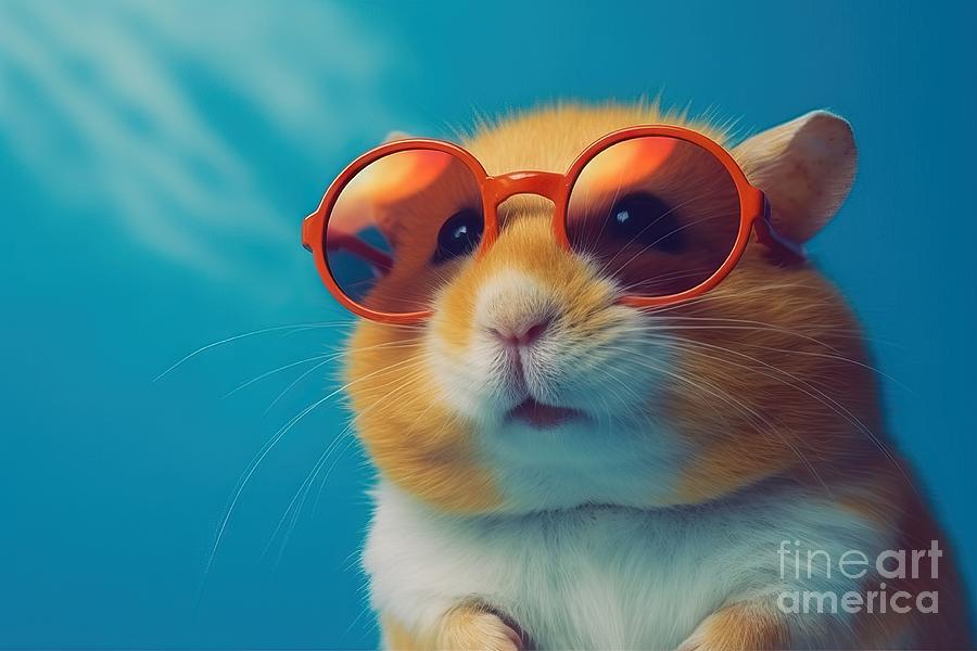 Cool Painting - Backdrop Blue Superimposed Sunglasses Donning Hamster Cool Adorable Pet Rodent Cute Tiny Small Furry Fun Animal Paw Whisker Stylish Groovy Funky Unique Fashion Trendy Hipster Shades Eyewear Bright by N Akkash