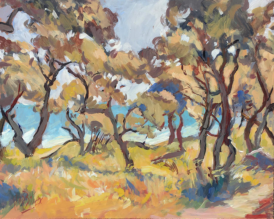 Backlight olive trees Marmari Beach Painting by Nop Briex