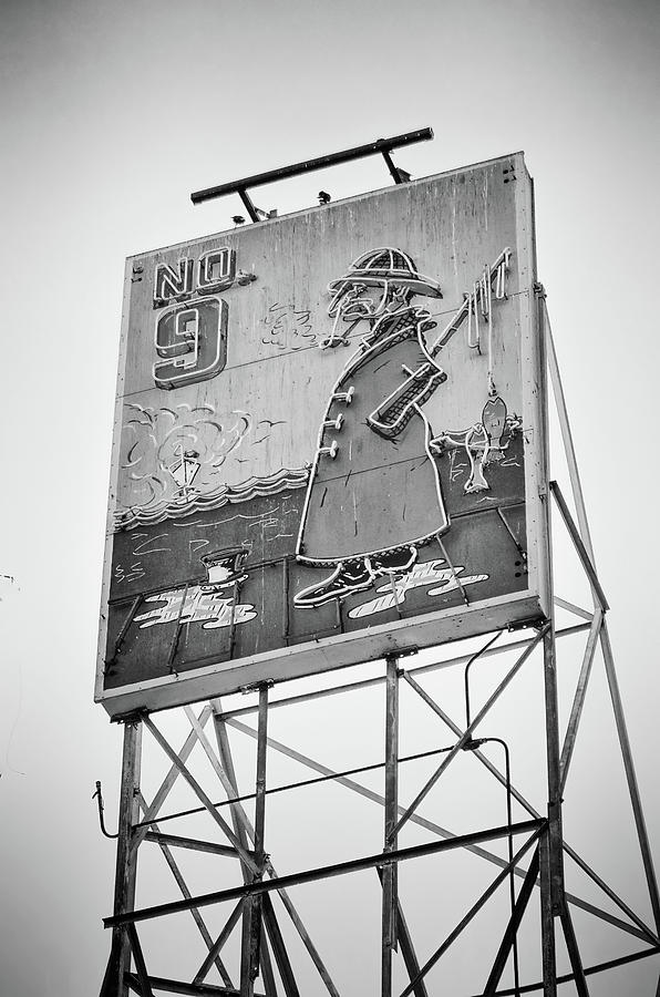 Backlit No 9 Fishermens Grotto Iconic Billboard at Fishermans Wharf San Francisco Black and White Photograph by Shawn OBrien