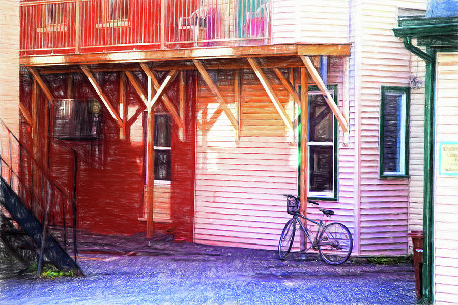 Backstreet and bike in Magog, Quebec Mixed Media by Tatiana Travelways