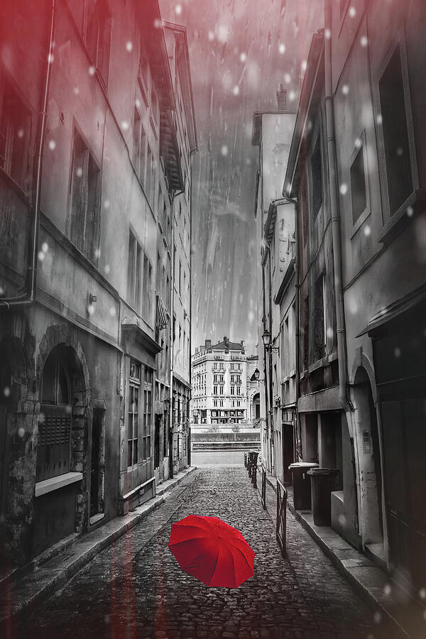 Backstreets of Old Lyon France Black White and Red  Photograph by Carol Japp