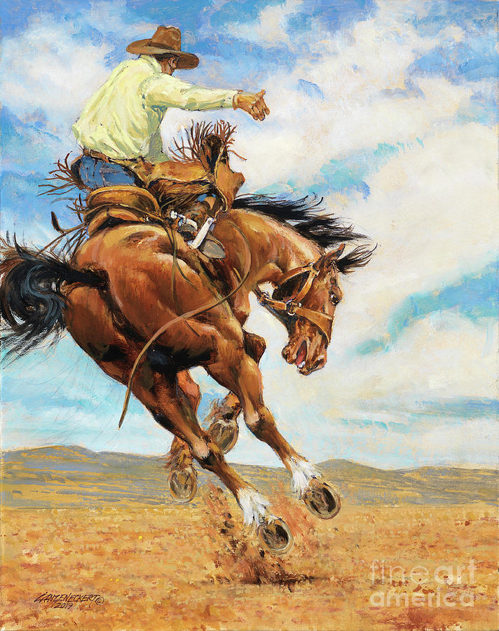 Horse Painting - Backview of Cowboy on Bucking Horse by Don Langeneckert