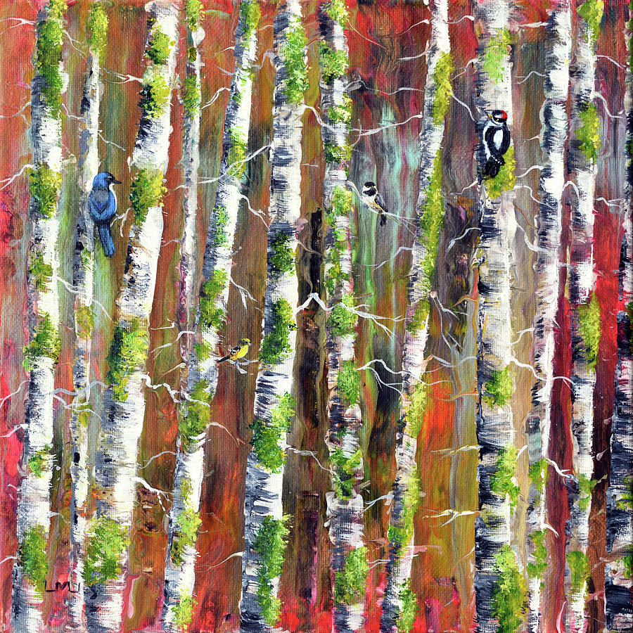 Backyard Birds in Birch Trees Painting by Laura Iverson