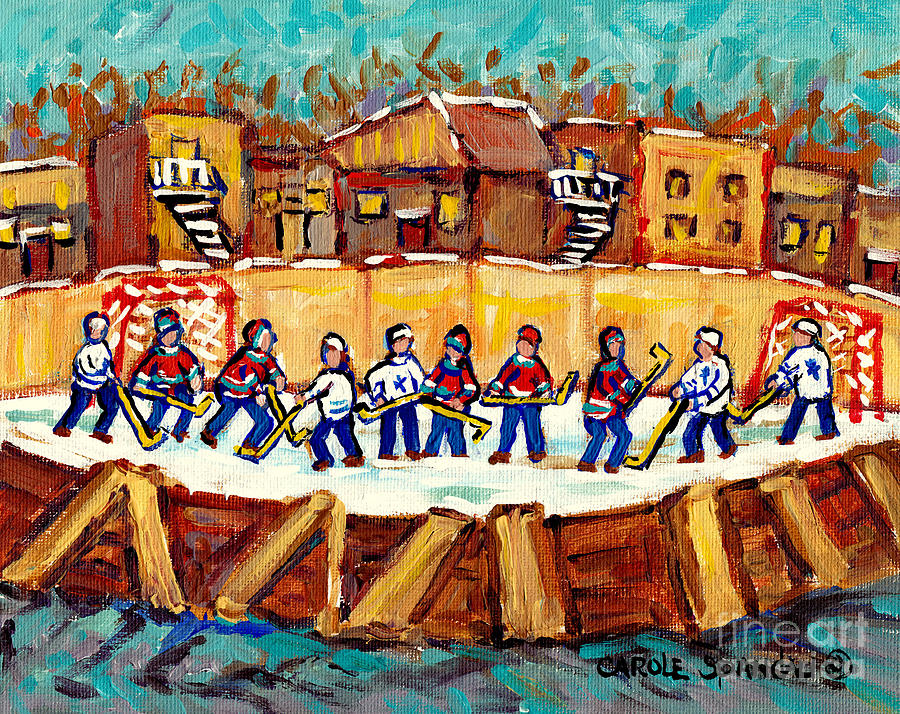Backyard Neighborhood Outdoor Hockey Rink Paintings Best Canadian Winter Scenes C Spandau Artist Painting by Carole Spandau