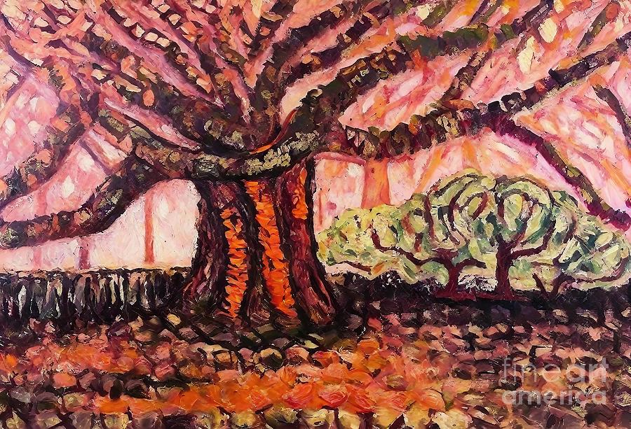 Nature Painting - Backyard Tree Painting orange paintings textural paintings impressionistic paintings red paintings tree paintings landscape paintings backyard paintings bark beach branch horizon landscape nature by N Akkash