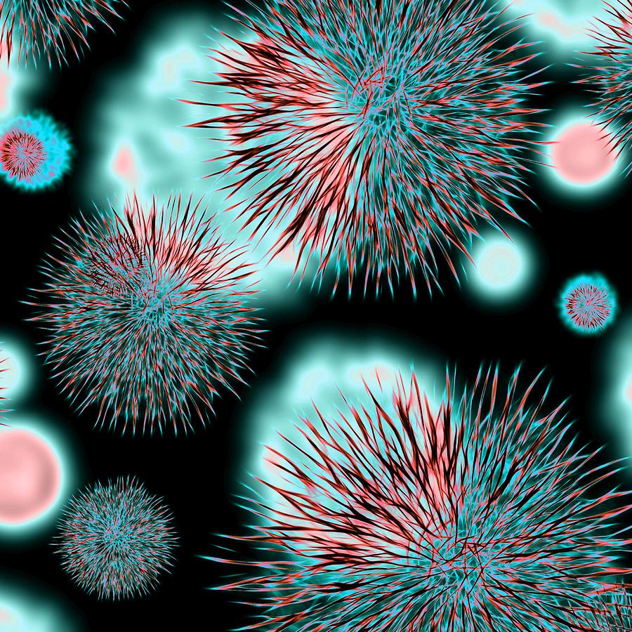 Abstract Digital Art - Bacteria - Red, Teal Blue and Black by Marianna Mills