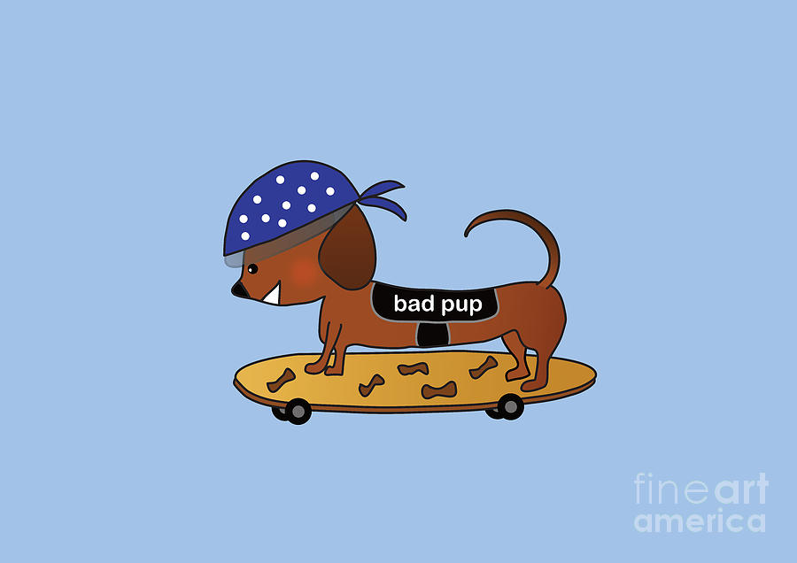 Bad Pup Dog on Skateboard Vector Style Digital Art by Barefoot Bodeez Art