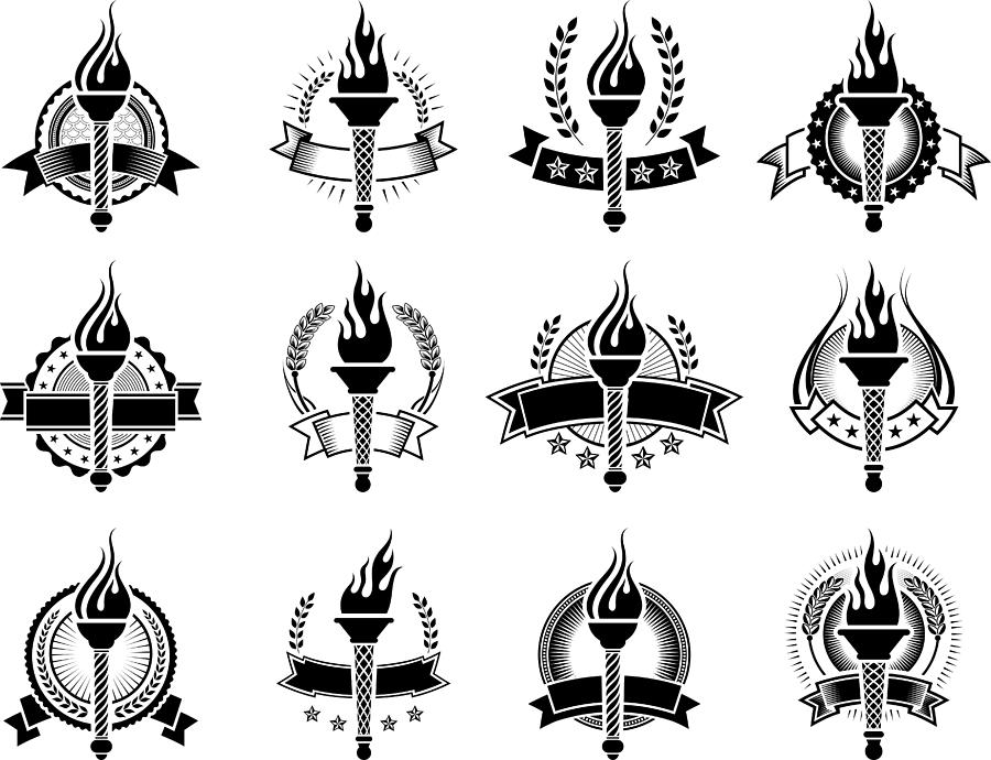 Badges with Torches black and white royalty-free vector icon set Drawing by Bubaone