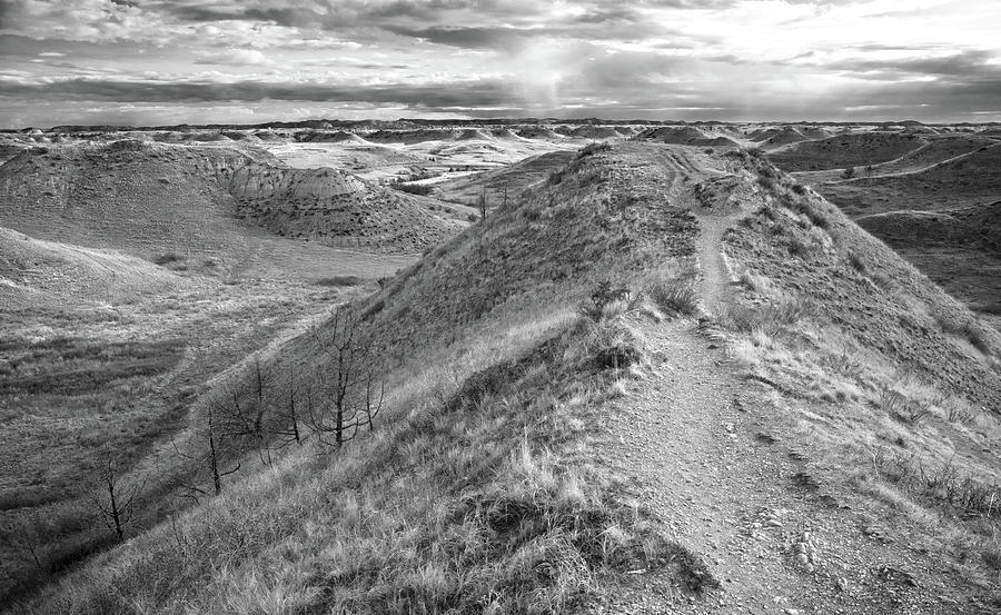 Badlands Hiking Trail Black And White Photograph by Dan Sproul