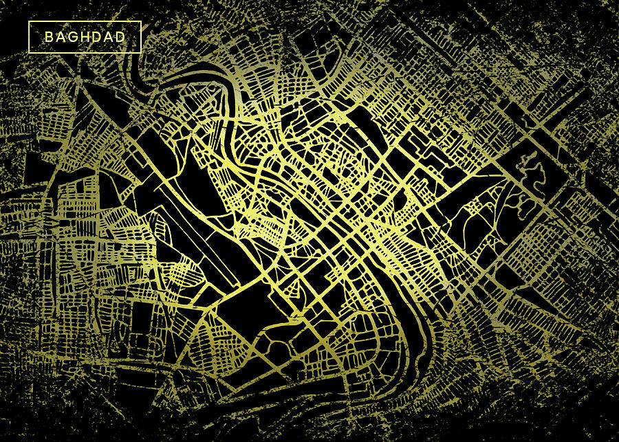 Baghdad Map in Gold and Black Digital Art by Sambel Pedes