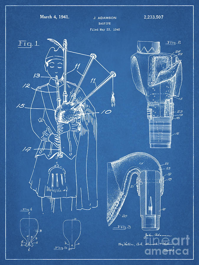 Bagpipe Patent Print 1940 Vintage Musical Instrument Blueprint Art Mixed Media by Kithara Studio