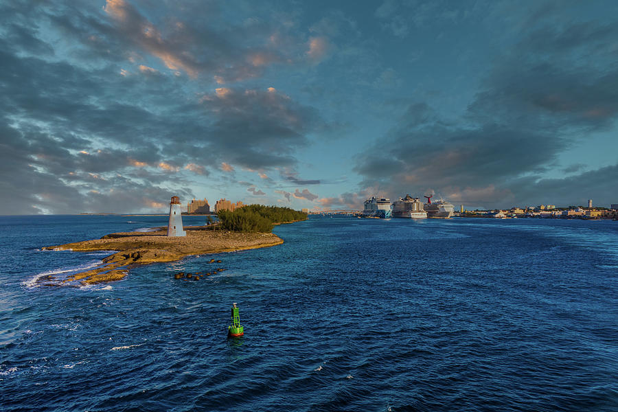 Bahamas Lighthouse and Cruise Ships at Dusk Photograph by Darryl Brooks