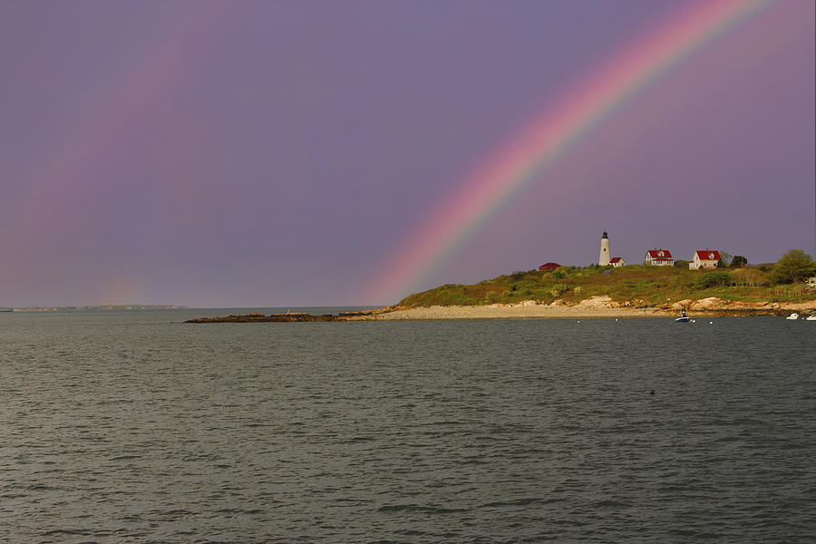 Baker Island Lighthouse under a Rainbow Photograph by Jeff Folger
