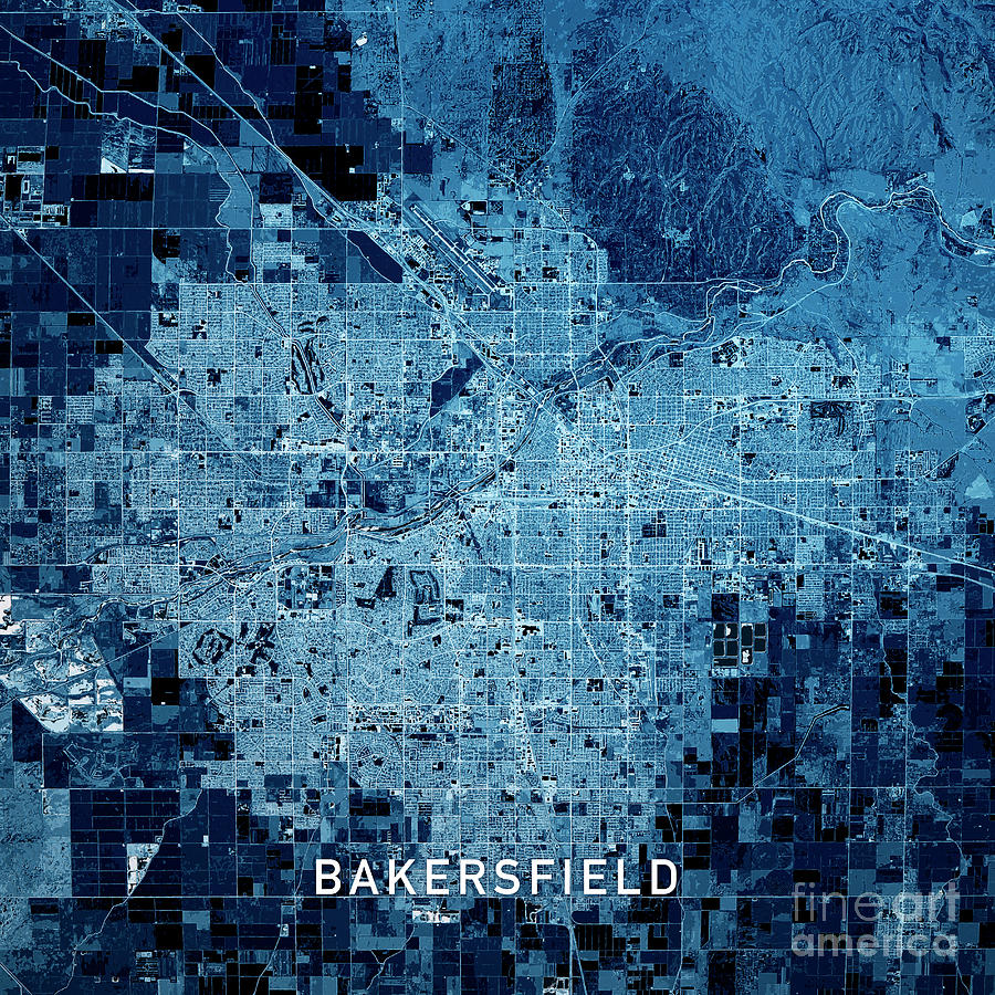 Bakersfield Digital Art - Bakersfield California 3D Render Map Blue Top View Jul 2019 by Frank Ramspott