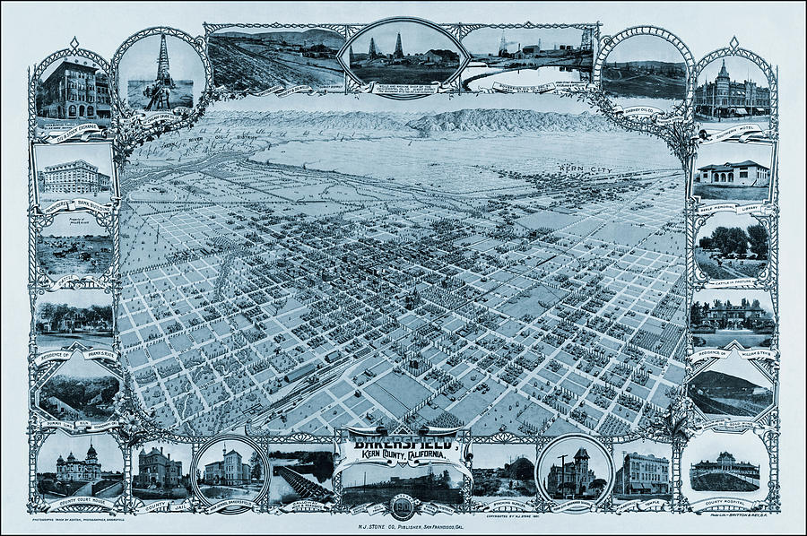 Bakersfield Photograph - Bakersfield California Vintage Map Birds Eye View 1901 Blue  by Carol Japp