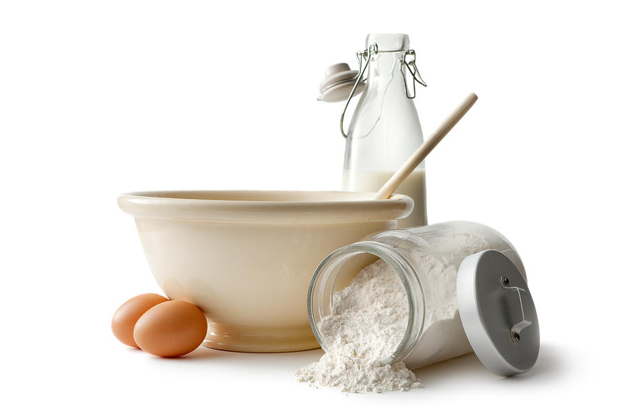 Baking Ingredients: Bowl, Eggs, Flour and Milk Photograph by Floortje
