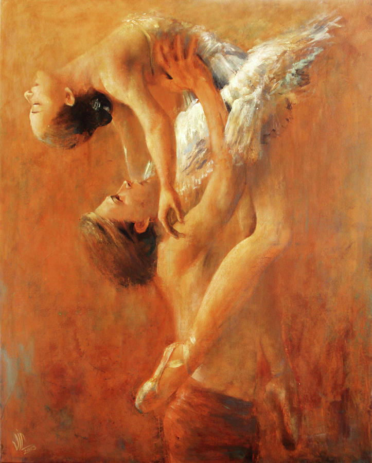 Balance in the couple. Dance painting .Ballet. Painting on leather by Vali Irina Ciobanu  Painting by Vali Irina Ciobanu