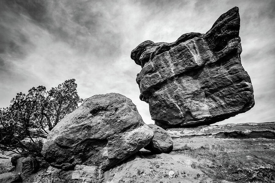 Balanced Rock in Grayscale - Colorado Springs Garden of the Gods Photograph by Gregory Ballos