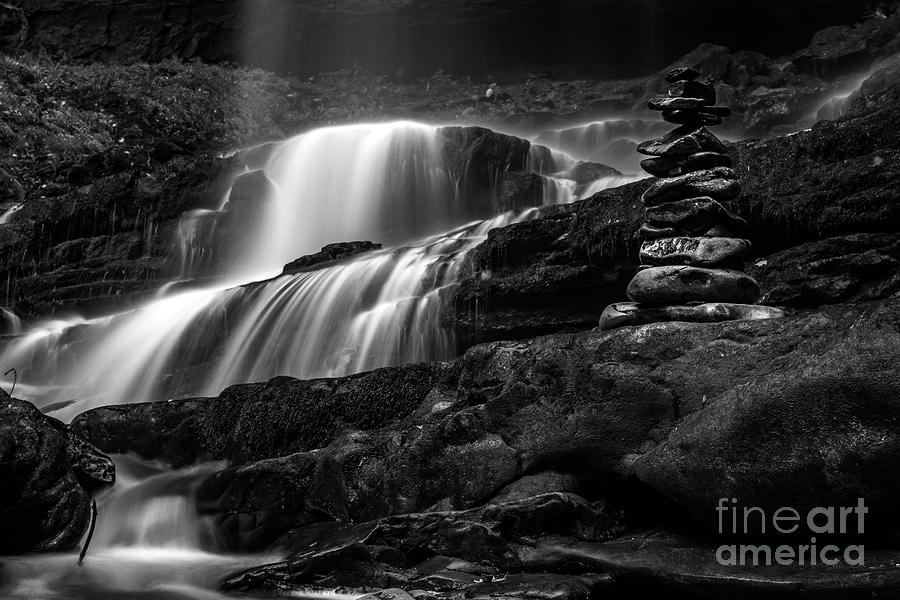 Balancing Stones on Waterfalls - Black and White Photograph by Doc Braham