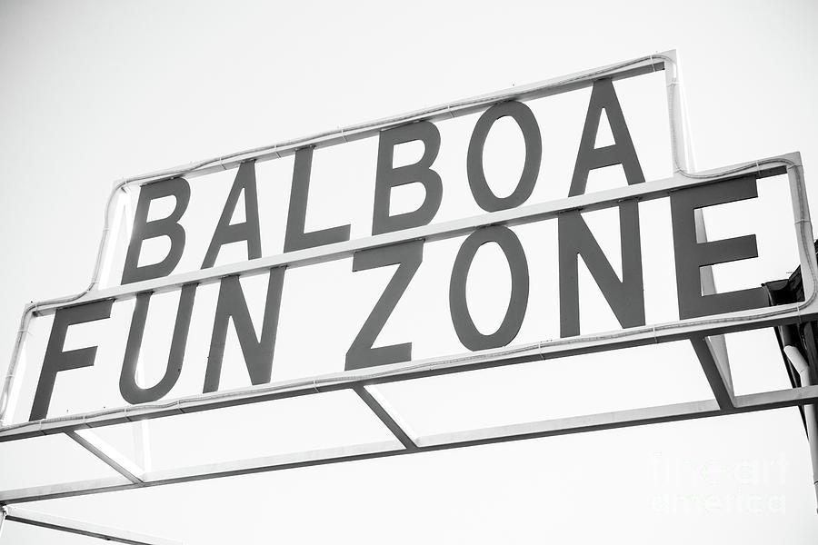Balboa Fun Zone Sign Newport Beach Black and White Photo Photograph by Paul Velgos