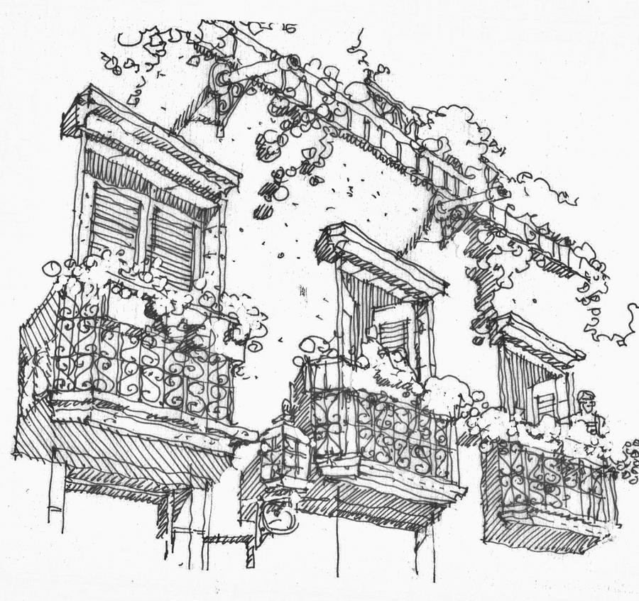 a wide drawing of a balcony with plants drawn in one  Stable Diffusion   OpenArt