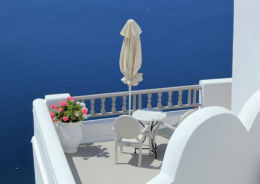 Balcony at Oia village in the Caldera, Greece Photograph by Elenarts - Elena Duvernay photo
