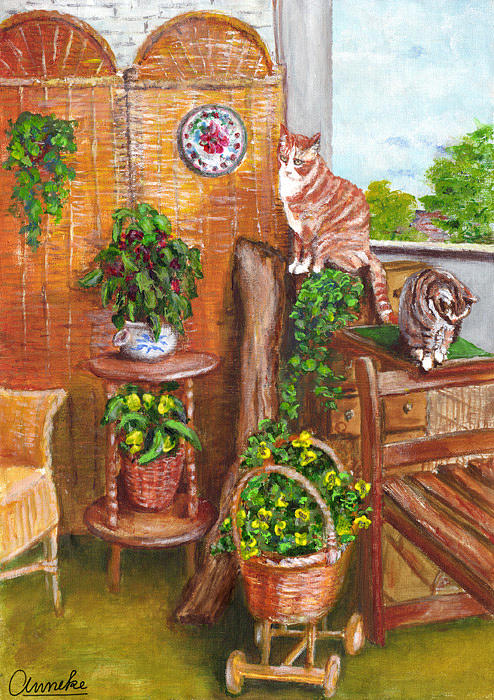 Cat Painting - Balcony Scene by Anneke Hut