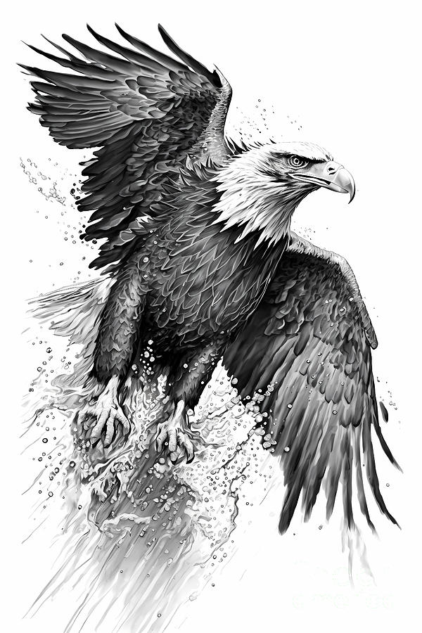 Bald Eagle Ink Drawing In Splash of Inked Black and White Animal ...