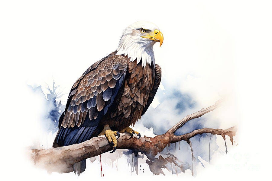 Bald eagle, side view, perched in a tree. Digital watercolour with soft background. Digital Art by Jane Rix