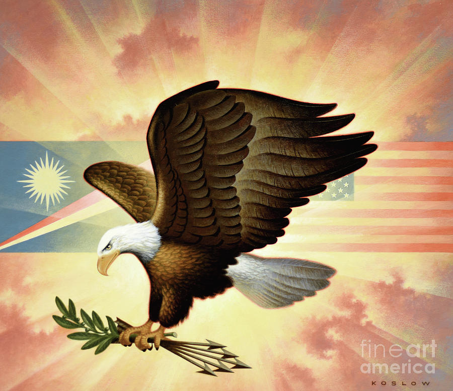 Bald Eagle With American And Marshallese Flags Painting by Howard Koslow