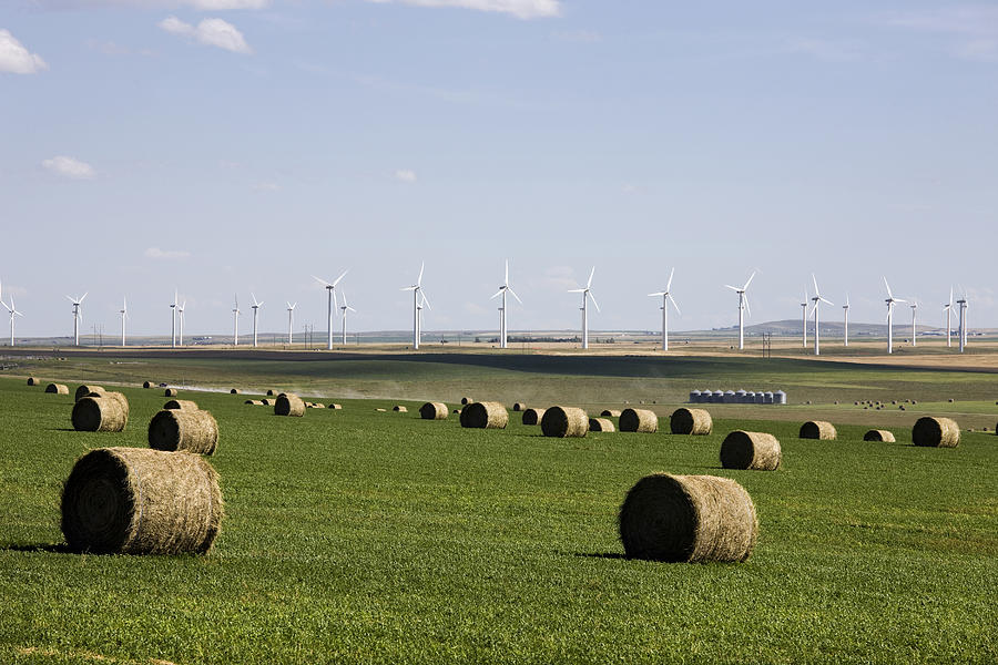 Bales next to wind turbines Photograph by Benjamin Rondel