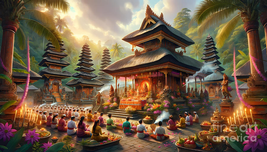 Balinese Digital Art - Balinese Temple Ceremony, A colorful and spiritual ceremony in a Balinese temple by Jeff Creation
