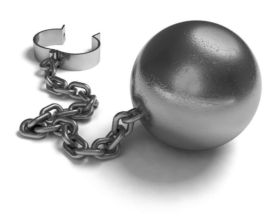 Ball and chain in silver on a white background Photograph by Mevans