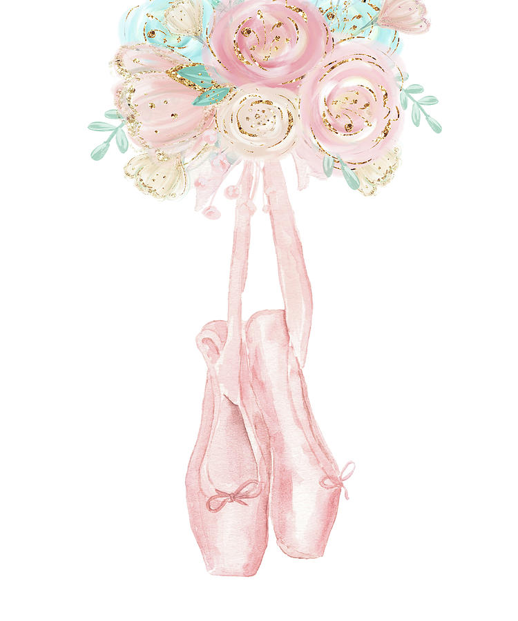Flower Digital Art - Ballerina Ballet Shoes Floral Feather Watercolor Gold Pink Mint by Pink Forest Cafe