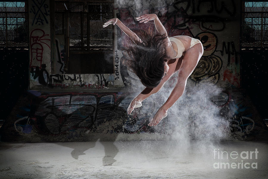 Ballet dancer jumps in flour v1 Photograph by Eran Turgeman Prints