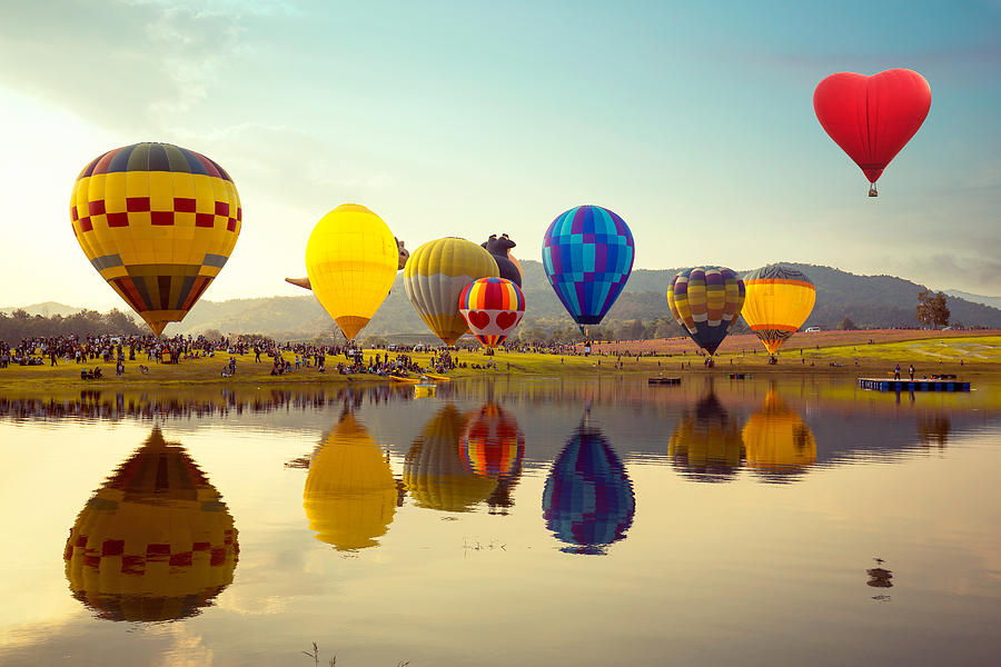 Balloon festival, landscape view and sunset. Photograph by Busakorn Pongparnit