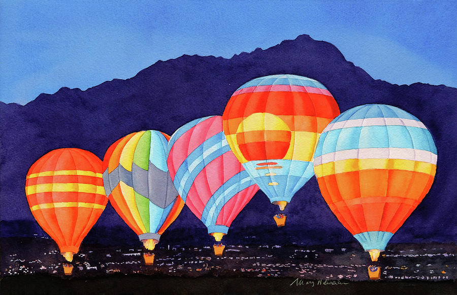 Balloons over Palm Springs at Night Painting by Mary Helmreich