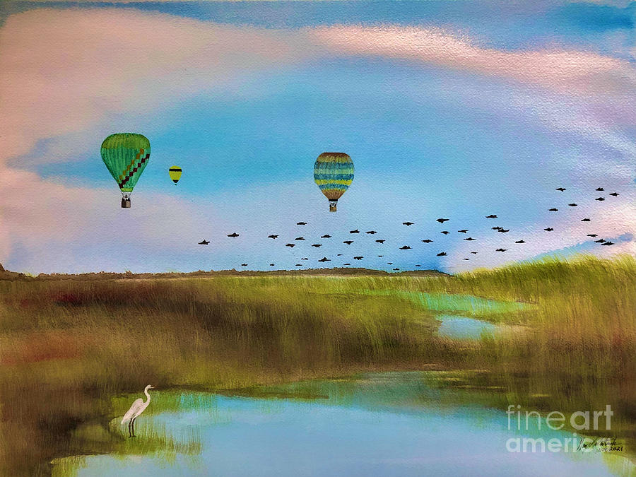 Balloons over wetland Painting by Gary Martinek