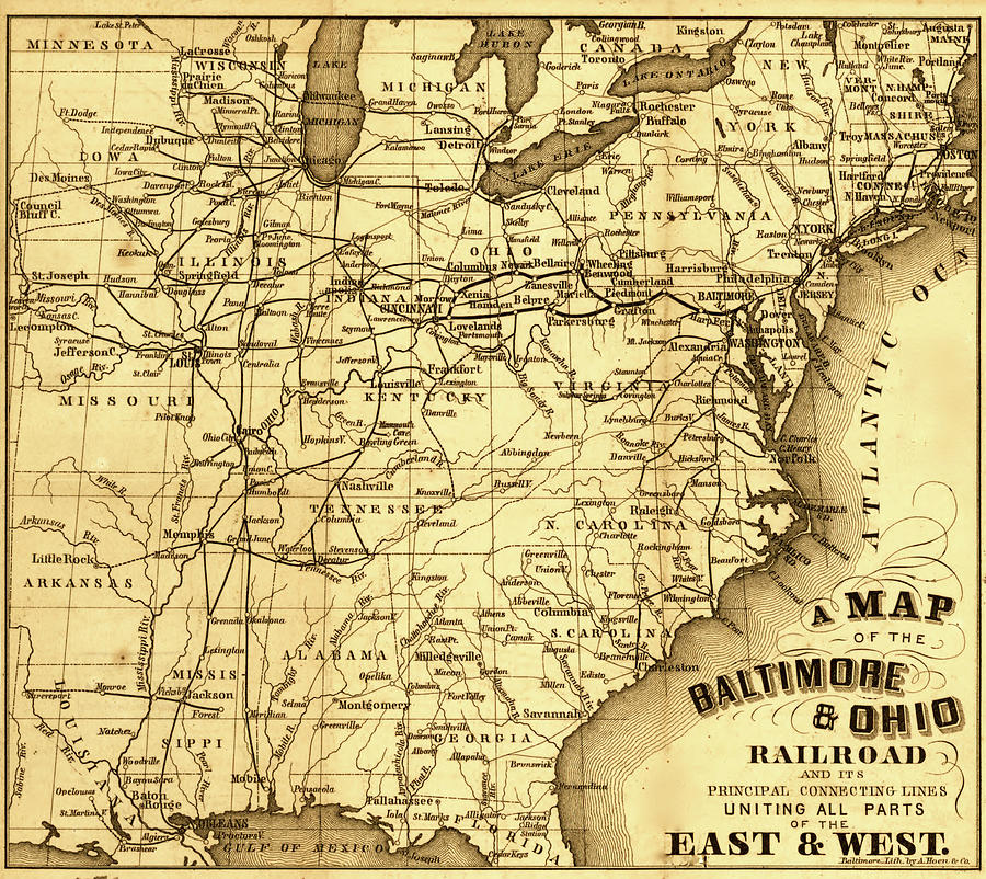 Transportation Drawing - Baltimore and Ohio Railroad 1860 by Vintage Maps