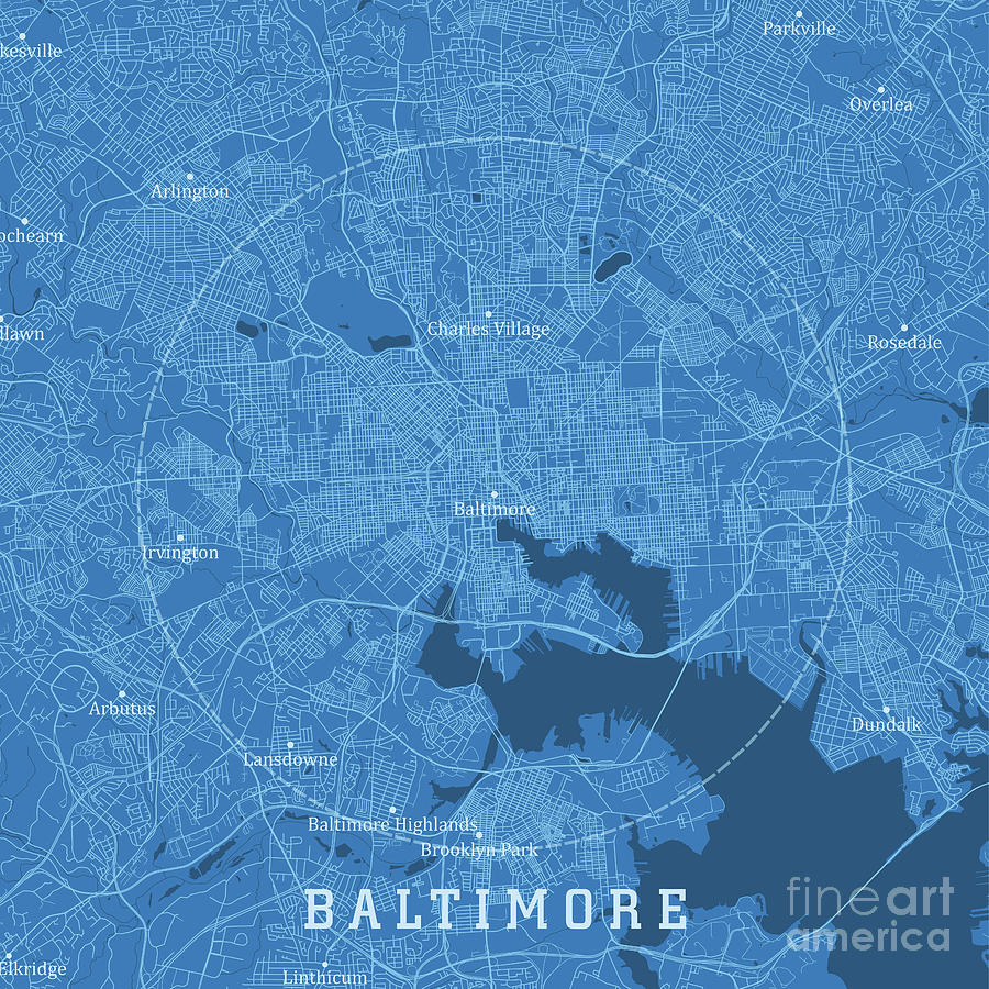 Baltimore MD City Vector Road Map Blue Text Digital Art by Frank ...