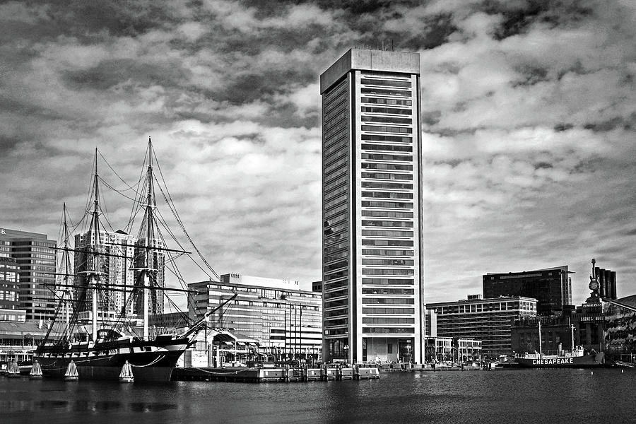 Baltimore World Trade Center and USS Constellation Monochrome Photograph by Bill Swartwout
