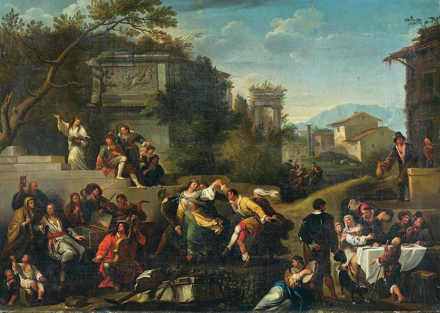Bamboccianti School, Circa 1700 Musicians And Dancing Figures In An Ideal Landscape With Ruins And B Painting